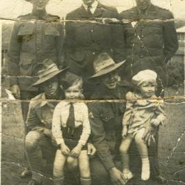 Jack Cole, Ronald Hooper, William Henry Hooper (l-r standing), Harold and Viv Hooper (l-r kneeling) with Peter and Lynnette Hooper (l-r), Tewantin, 1940s