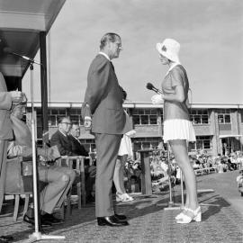 Duke of Edinburgh and Sylvia Ritchie, Duke of Edinburgh Gold Awards ceremony, Maryborough, 24 October 1973