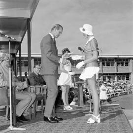 Duke of Edinburgh and Sylvia Ritchie, Duke of Edinburgh Gold Awards ceremony, Maryborough, 24 October 1973