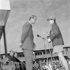 Duke of Edinburgh and Cheryl Petersen, Duke of Edinburgh Gold Awards ceremony, Maryborough, 24 October 1973