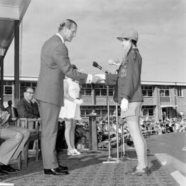 Duke of Edinburgh and Cheryl Petersen, Duke of Edinburgh Gold Awards ceremony, Maryborough, 24 October 1973