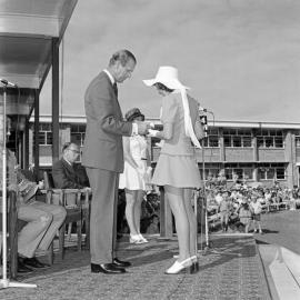 Duke of Edinburgh and Jocelyn Edwards, Duke of Edinburgh Gold Awards ceremony, Maryborough, 24 October 1973