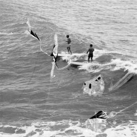 Board riders, Cyclone Dinah, Noosa Main Beach, Noosa Heads, 29-30 January, 1968