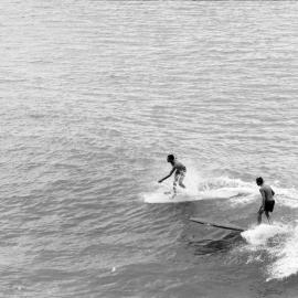 Board riders, Cyclone Dinah, Noosa Main Beach, Noosa Heads, 29-30 January, 1971