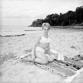 Bikini model, Noosa Main Beach, Noosa Heads, 5 June 1966