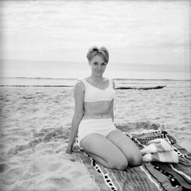 Bikini model, Noosa Main Beach, Noosa Heads, 5 June 1966