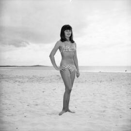 Bikini model, Noosa Main Beach, Noosa Heads, 5 June 1966