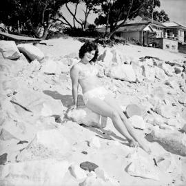 Bikini model, Noosa Main Beach, Noosa Heads, 5 June 1966