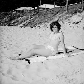 Bikini model, Noosa Main Beach, Noosa Heads, 5 June 1966