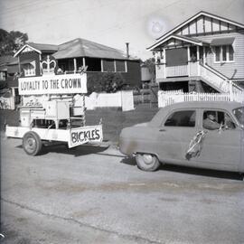 Coronation parade, Bickles float, Gooloi Street, Tewantin, June 1953
