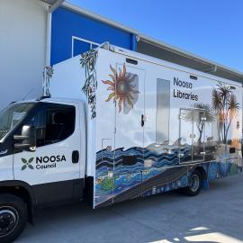 Delivery day, new Noosa Libraries mobile vehicle, Machinery Avenue, Warana, 27 July 2023