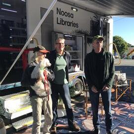 Deb Elliott, Steve de Jong and Gavin Elliott (l-r), Noosa Libraries mobile library vehicle launch, Joe Bazzo Park, Reserve Street, Pomona, 10 June 2023