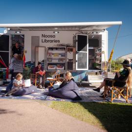 Enjoying the space, Noosa Libraries mobile library vehicle launch and 50th birthday celebrations, Joe Bazzo Park, Reserve Street, Pomona, 10 June 2023