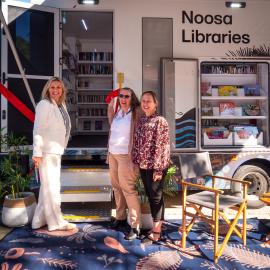 Mayor Clare Stewart, Kerri Contini and Tracey King (l-r), Noosa Libraries mobile library vehicle launch and 50th birthday celebrations, Joe Bazzo Park, Reserve Street, Pomona, 10 June 2023