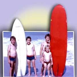 Brian, Stephen, Peter Jnr and Philip Riley, Noosa Main Beach, Noosa Heads, late 1970s