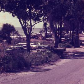Boardriders and carpark, 'Nationals', Noosa National Park, Noosa Heads, ca 1960s