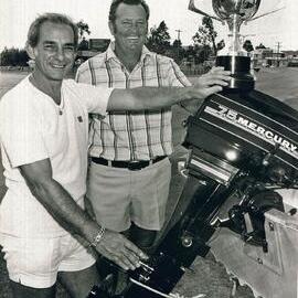 Charlie Vella (l), President, Tewantin-Noosa Fishing Club and First Prize Fishing Competition Winner Peter Riley, Festival of Waters, Noosaville, 1983