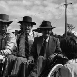 Performer arrival, costumed re-enactment, Cooran Memorial School of Arts Hall, 16 King Street, Cooran, ca 1980s
