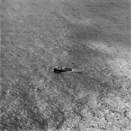 Aerial view, Tugboat, 'William R. Golding', waiting for salvage attempt, off Teewah Beach, Noosa North Shore, 7 July 1973
