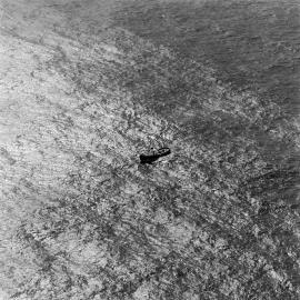 Aerial view, Tugboat, 'William R. Golding', waiting for salvage attempt, off Teewah Beach, Noosa North Shore, 7 July 1973