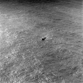 Aerial view, Tugboat, 'William R. Golding', waiting for salvage attempt, off Teewah Beach, Noosa North Shore, 7 July 1973