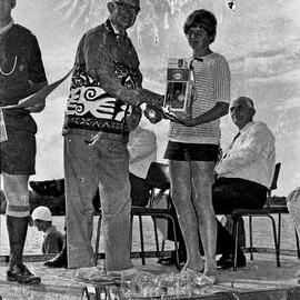 George Pearce, Sir Thomas Hiley, competitor and David Low MLA (l-r), award presentation, Festivals of Waters, Tewantin, 26 August 1973
