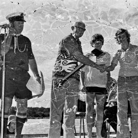 George Pearce, Sir Thomas Hiley and competitors (l-r), award presentation, Festivals of Waters, Tewantin, 26 August 1973