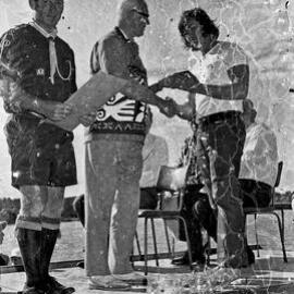 George Pearce, Sir Thomas Hiley and competitor (l-r), award presentation, Festivals of Waters, Tewantin, 26 August 1973