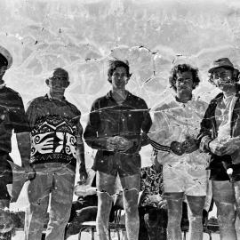 George Pearce, Sir Thomas Hiley and canoe competitors (l-r), award presentation, Festivals of Waters, Tewantin, 26 August 1973