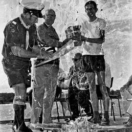 George Pearce and Sir Thomas Hiley (from left) and competition winner, Festivals of Waters, Tewantin, 26 August 1973