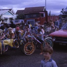 Decorated bicycles and floats, Cooroy Mardi Gras, Cooroy, November 1974
