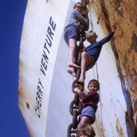 Cousins, Fiona, Mark, Bruce and Ian Jeffs (top to bottom), Cherry Venture, Teewah Beach, Noosa North Shore, January 1975