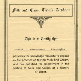 Milk and Cream Tester's Certificate, Alan Kenzler, 26 February 1957