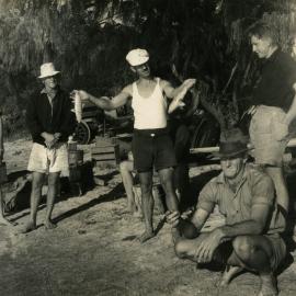 Jim Clarey, Jack Pope, Doug Druin, Unknown (l-r) and John Clarey (squatting), Noosa River, Tewantin, ca 1940s