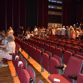 Bob Aitken (standing blue shirt) talking to Lynne and Brian Cooney seated, Noosa's Surfing History: In Conversation, The J, Noosa Heads, 11 March 2025