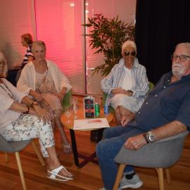 Bob Aitken, Lois Albert (r-l) and attendees, Noosa's Surfing History: In Conversation, The J, Noosa Heads, 11 March 2025