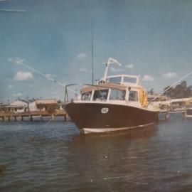 Docked Reg Jones boat, Noosa River, Noosaville, ca 1960s