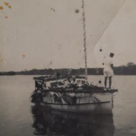 Festival of Waters, decorated boat, 'Nevlyn', Noosa River, Noosaville, 1950s