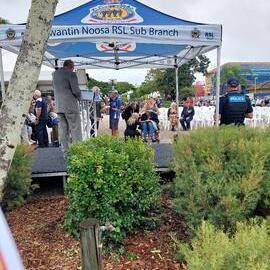 Sandy Bolton MP meeting Geoffrey Garratt, ANZAC Day march, Poinciana Avenue, Tewantin, 25 April 2025