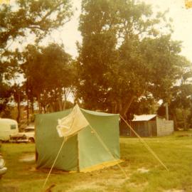 Dennis Lewis camp site, 'The Woods' camping area, Noosa Heads, 1972