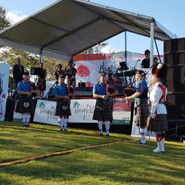 Noosa & District Pipe Band, Remembrance Day, Looking Forward to Peace Event, Tewantin-Noosa RSL Memorial Park, Tewantin, 11 November 2018