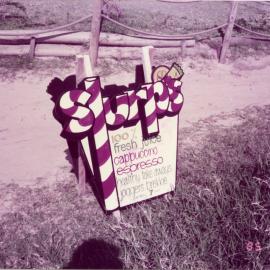'Slurps' refreshment sign, beach side, Hastings Street, Noosa Heads 16 September 1985