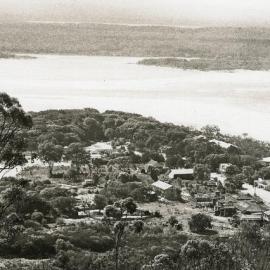 Aerial view Noosa Heads looking north over Hastings Street and Noosa Spit, Noosa Heads, 1940s