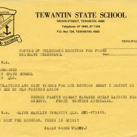 Congratulatory telegram, Reunion, Tewantin State School, 1984  