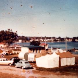 Caravan park and camping area upstream from Doonella Bridge, Tewantin, late 1950s