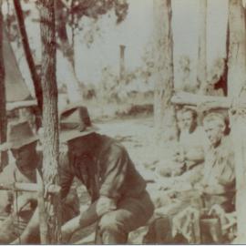 Break time, D. Munro, Frank Blanckensee, Jack Robb, Edgar William George Playford and Percy Armitage (l-r), road construction, Pomona, ca 1928