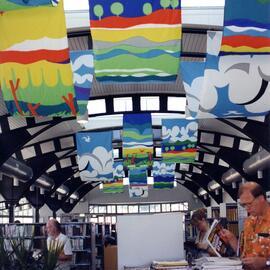 Colourful banners, Noosaville Library, Wallace Park, Noosaville, ca 1993
