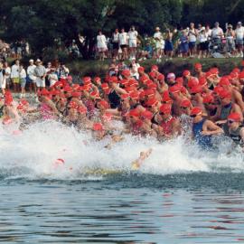 Competitors, swim leg, Noosa Triathlon, Noosa Heads, 1980s