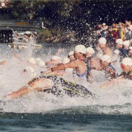 Competitors, swim leg, Noosa Triathlon, Noosa Heads, 1980s