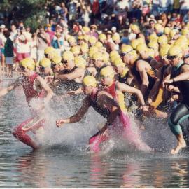 Competitors, swim leg, Noosa Triathlon, Noosa Heads, 1980s